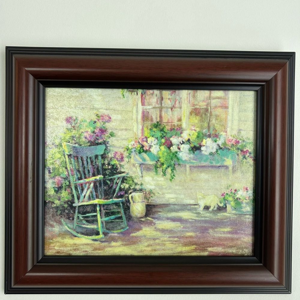 American Artist Judie Cain Giclee Print Art Work Floral Cat Rocking Chair
